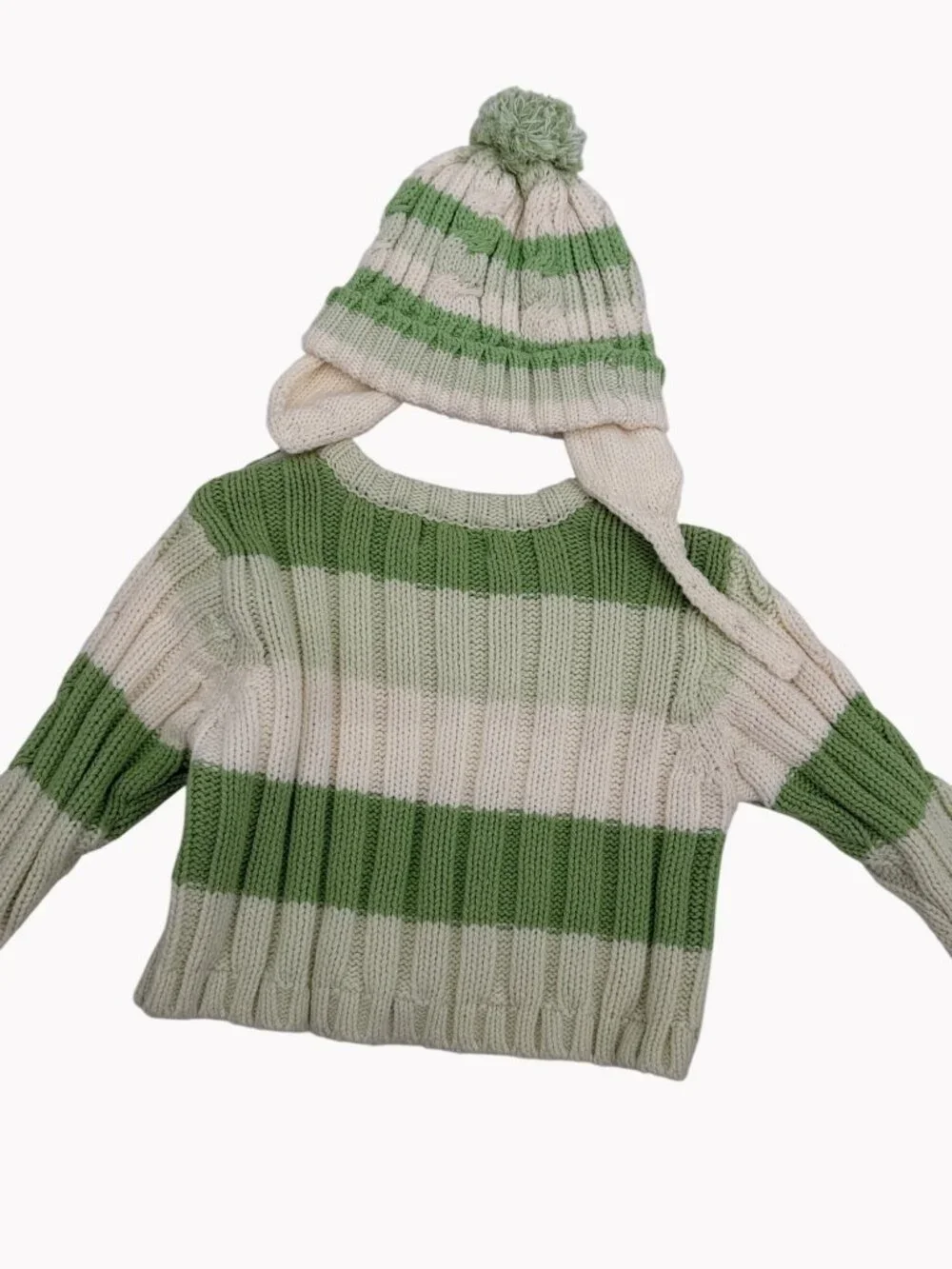 Childrens Place Baby 12M Green Cream Striped Sweater Hat Set Cotton Blend - Picture 6 of 6